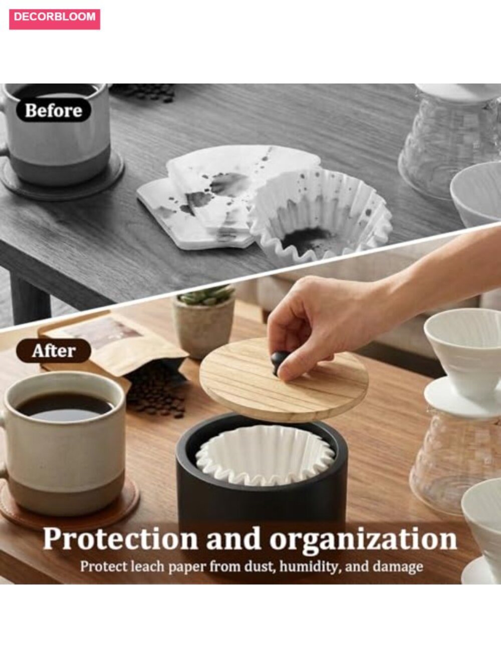 Wood Coffee Filter Holder with Lid Farmhouse Storage Container - Picture 3 of 6